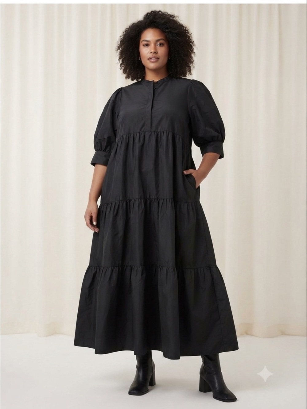 ZARA Black Button Top Tiered Black Midi Flowy Short Sleeved Dress